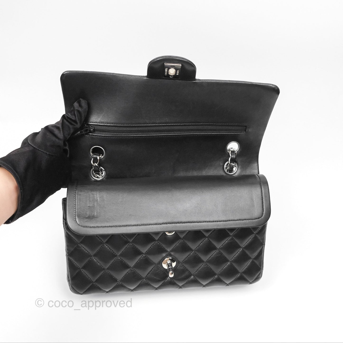 Chanel Classic M/L Medium Flap Quilted Black Lambskin Silver Hardware