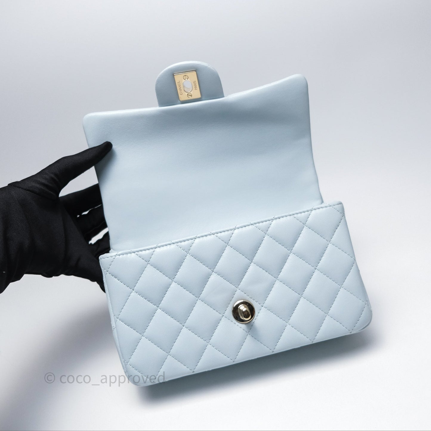 Chanel Top Handle Mini Rectangular Flap Light Blue Lambskin Gold Hardware