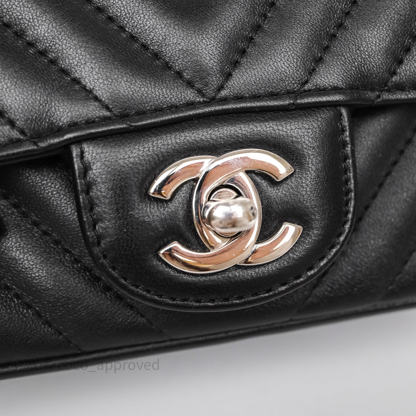 Chanel Mini Square Black Lambskin Chervon Bag Silver Hardware