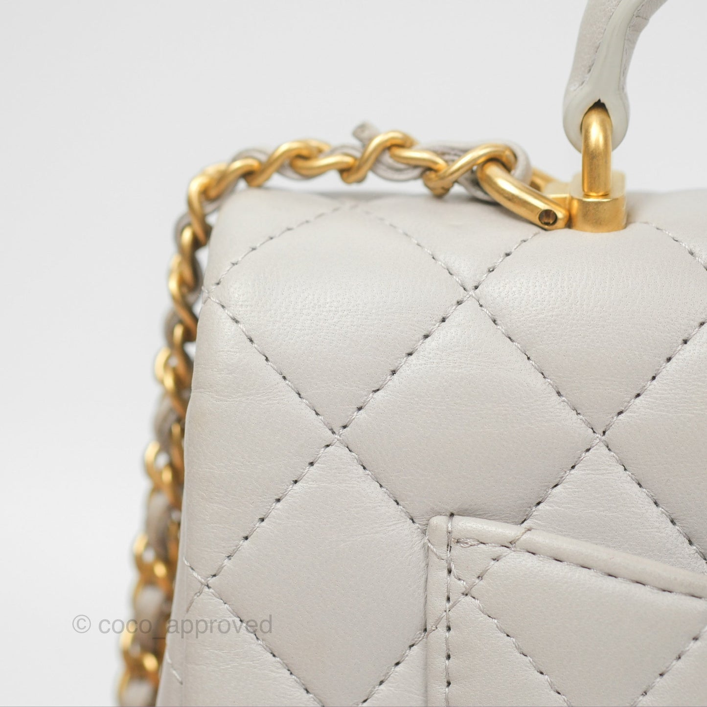 Chanel Top Handle Mini Rectangular Flap Bag Light Grey Lambskin Aged Gold Hardware