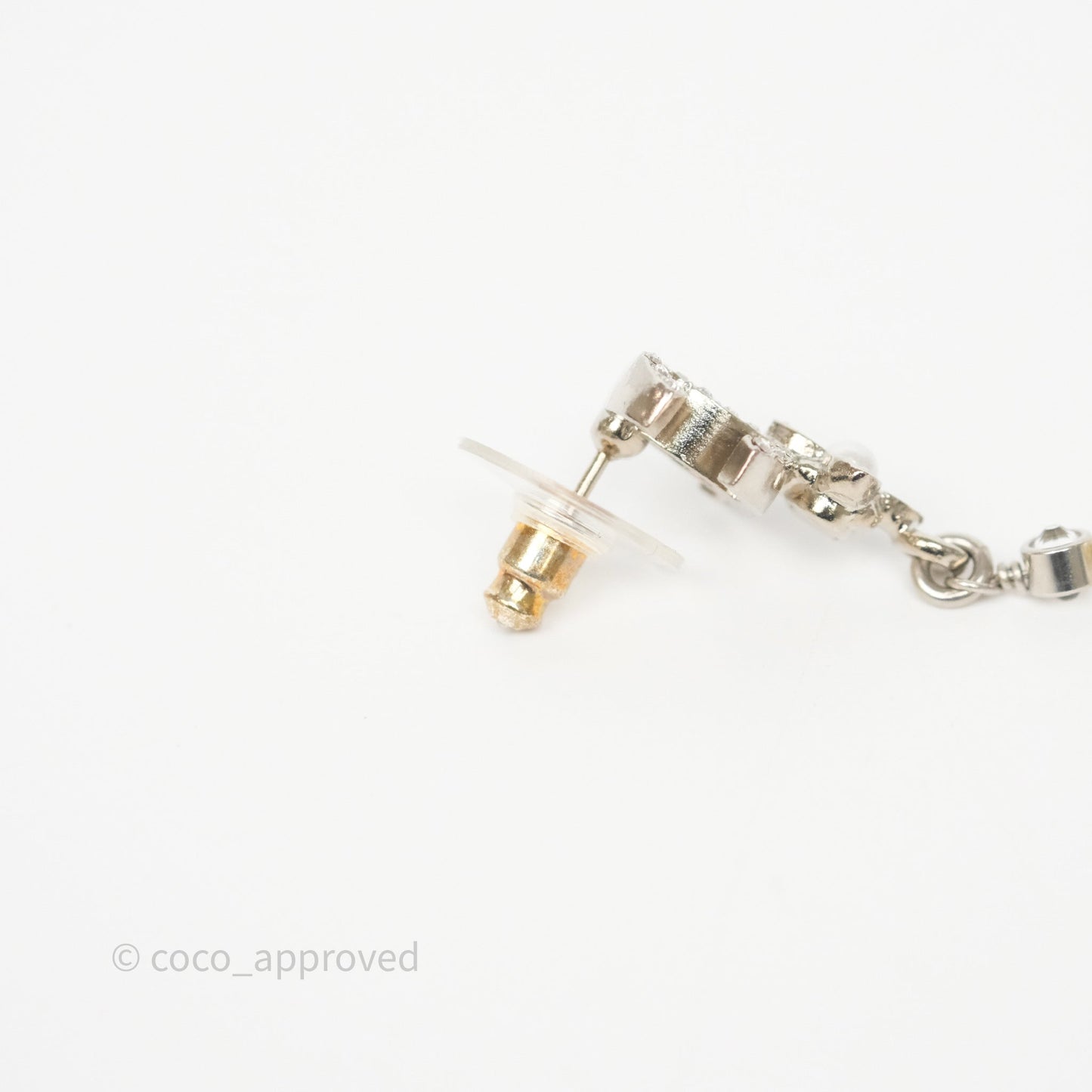 Chanel Crystals CC Tear Pearl Drop Earrings Silver Tone 22P