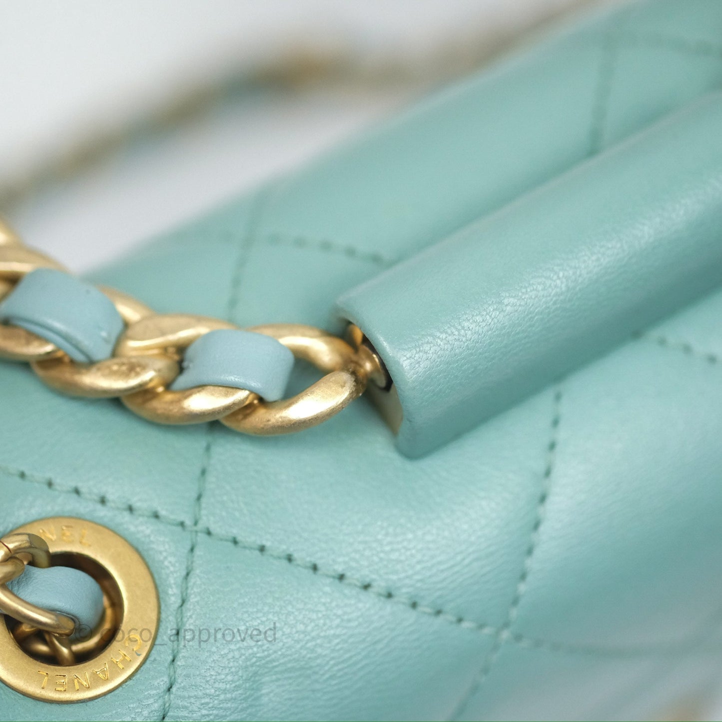 Chanel Quilted Small Circular Handle Bag Mint Green Aged Gold Hardware