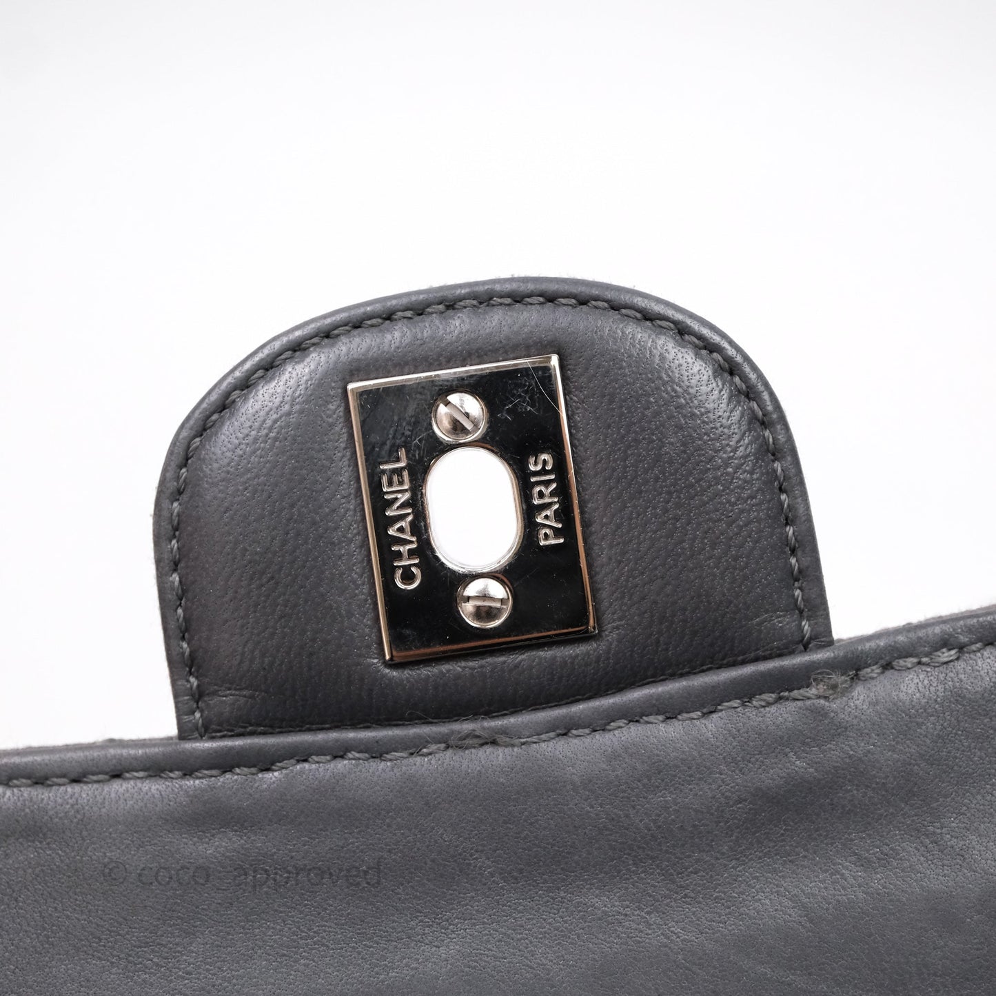 Chanel Classic M/L Medium Flap Quilted Iridescent Metallic Grey Canvas Silver Hardware