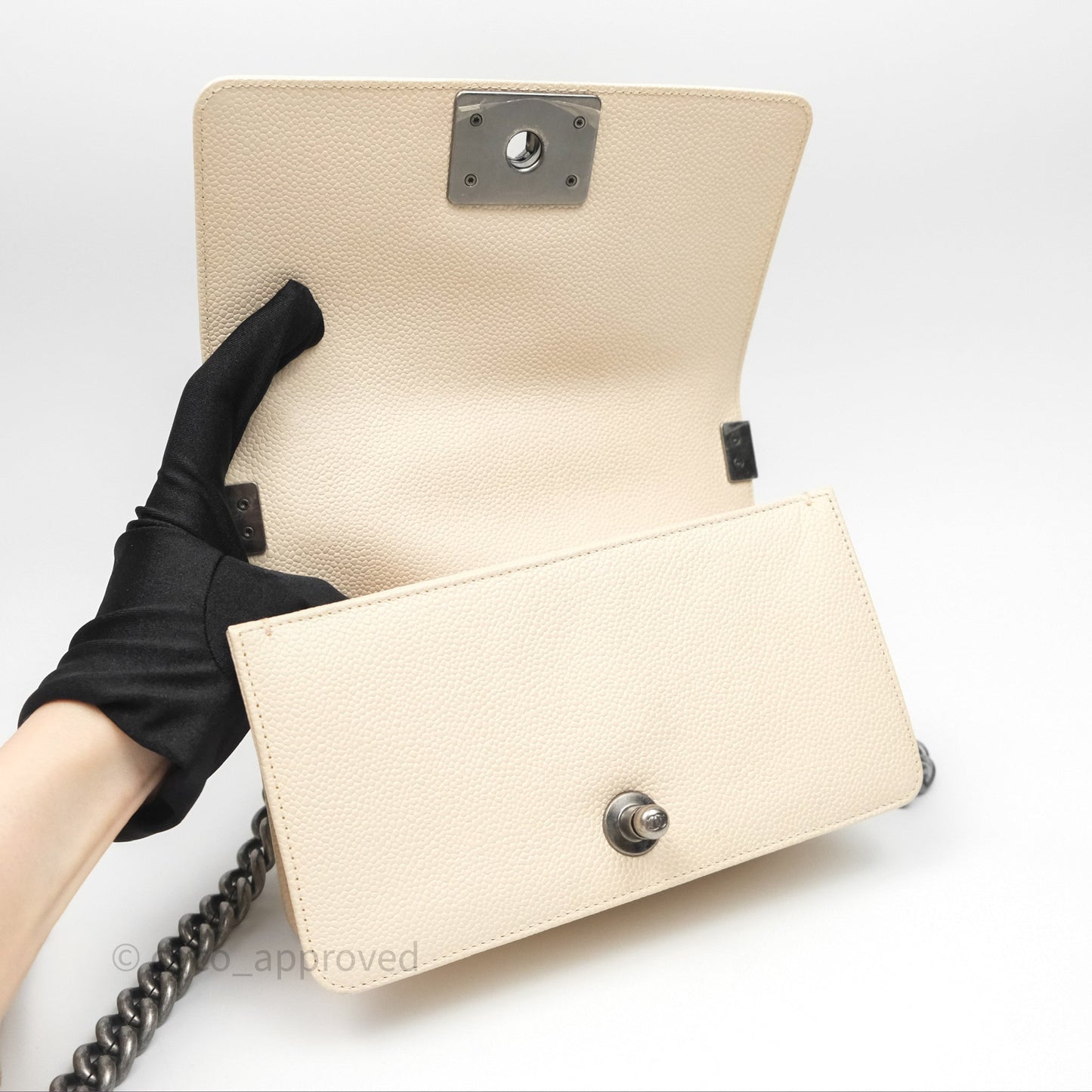Chanel Small Boy Chevron Beige Caviar Ruthenium Hardware