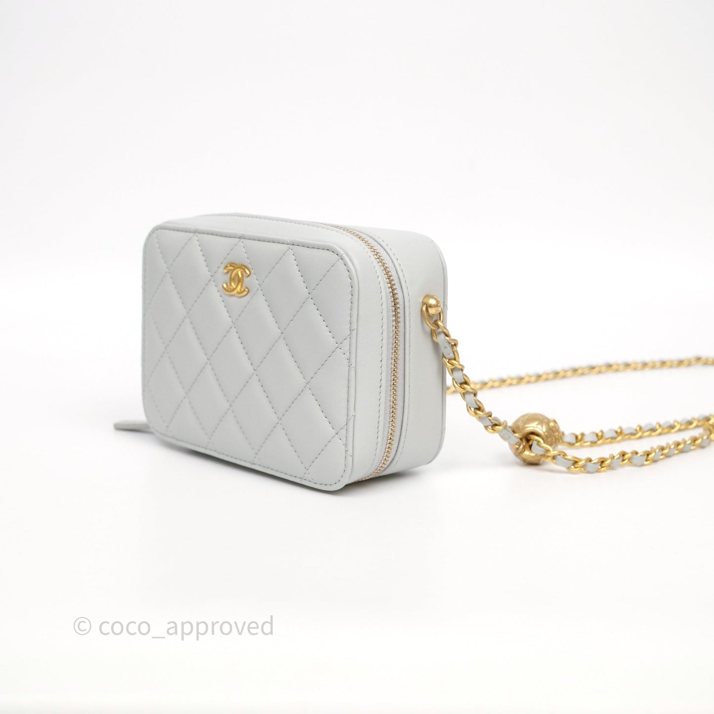 Chanel Quilted CC Pearl Crush Camera Case Light Blue Grey Lambskin Aged Gold Hardware