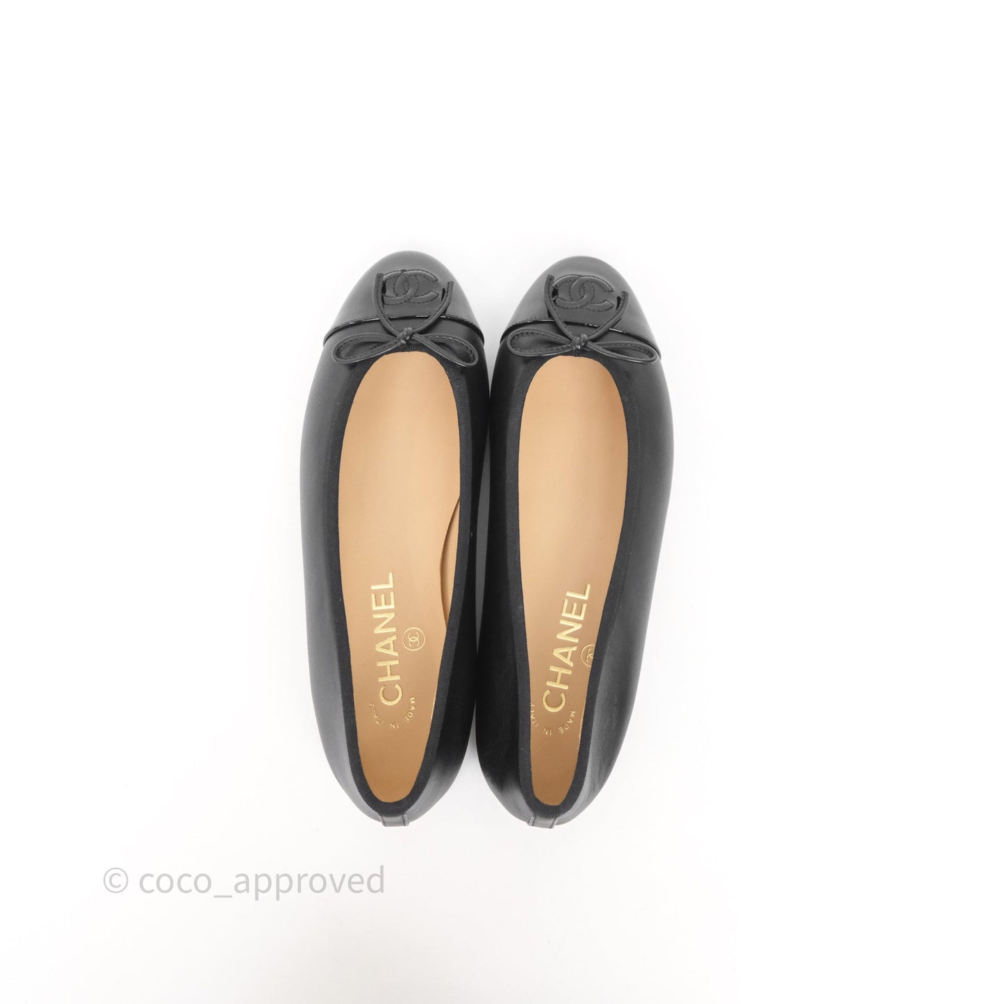 Chanel Calfskin Black Patent Cap-Toe Ballet Flats Size 37