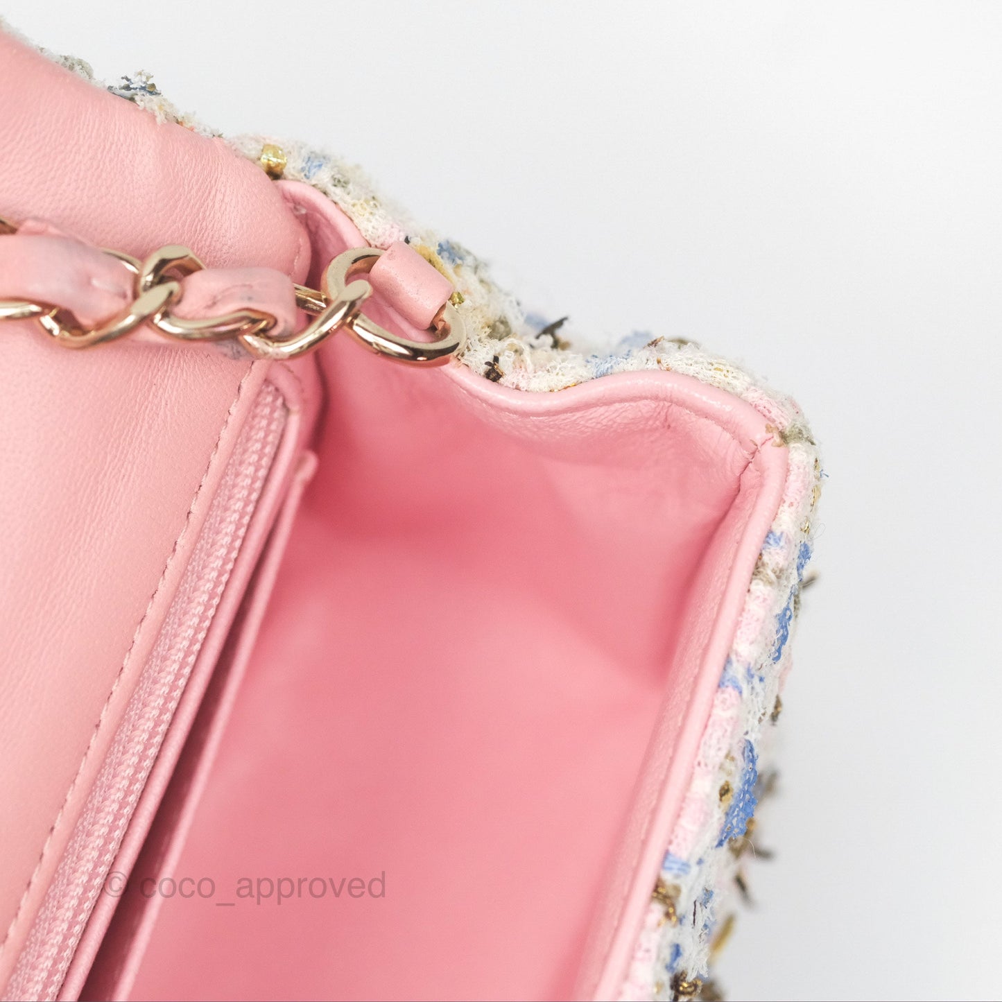 Chanel Mini Rectangular Flap Pink/ Blue/ Gold Tweed Gold Hardware