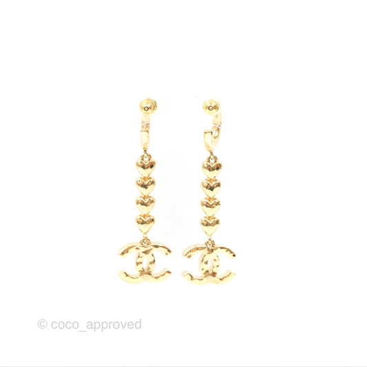 Chanel Crystal CC Heart Drop Earrings Gold Tone 23P