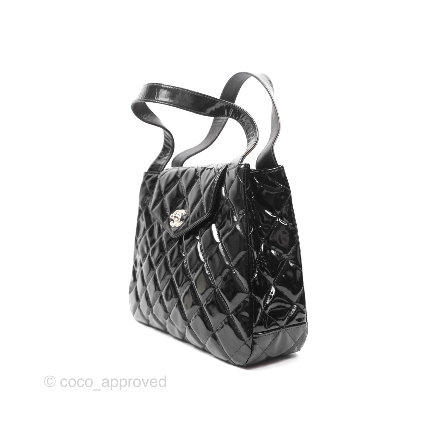 Chanel Vintage Tote Quilted Black Patent Silver Hardware