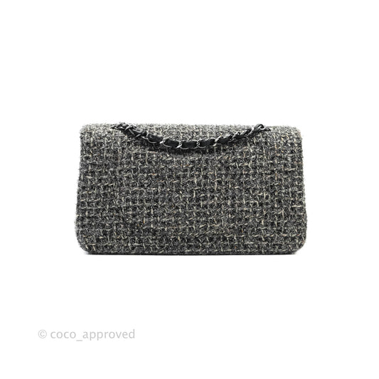 Chanel Classic M/L Medium Double Flap Black Tweed Gun Metal