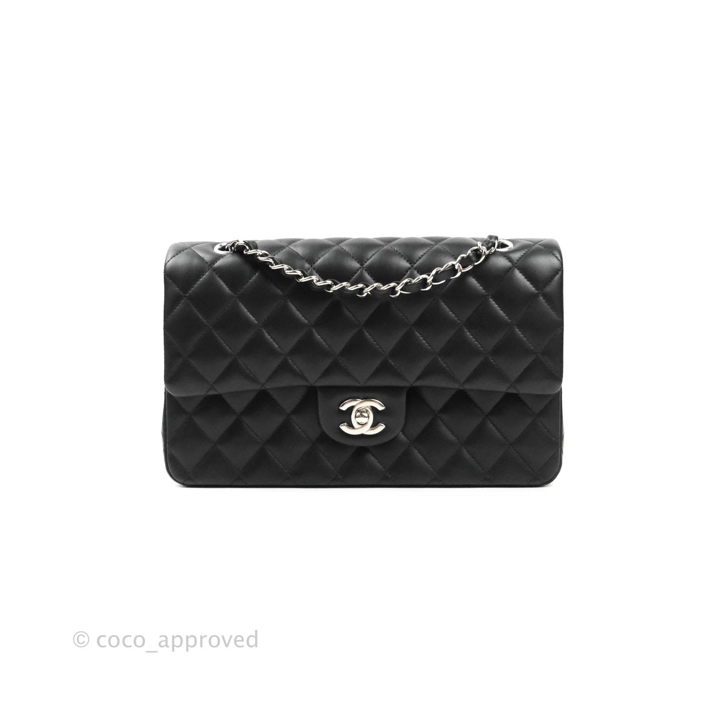 Chanel Classic M/L Medium Double Flap Black Lambskin Silver Hardware