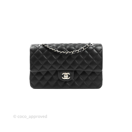 Chanel Classic M/L Medium Double Flap Black Lambskin Silver Hardware