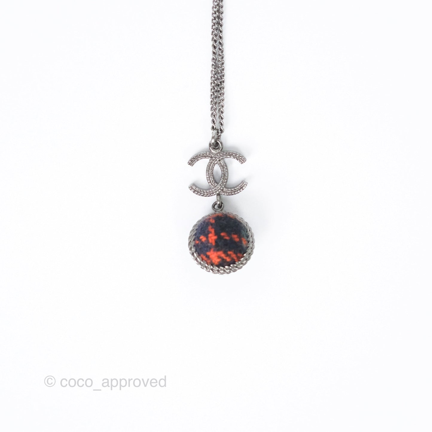 Chanel CC Fabric Sphere Pendant Necklace Gun Metal 13A