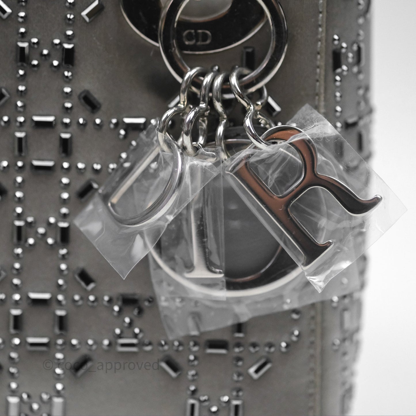 Christian Dior Mini Lady Dior Bag Grey Strass Cannage Satin Silver Hardware
