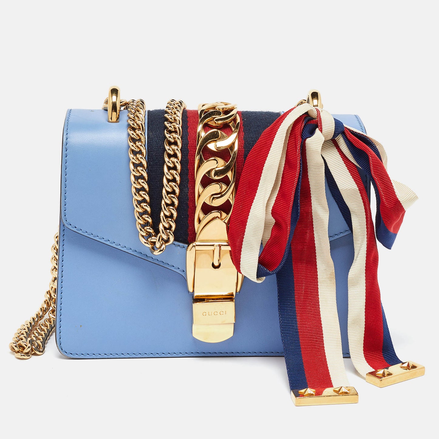 Luxury Gucci Trending 2025 Blue Leather Small Sylvie Chain Shoulder Bag..