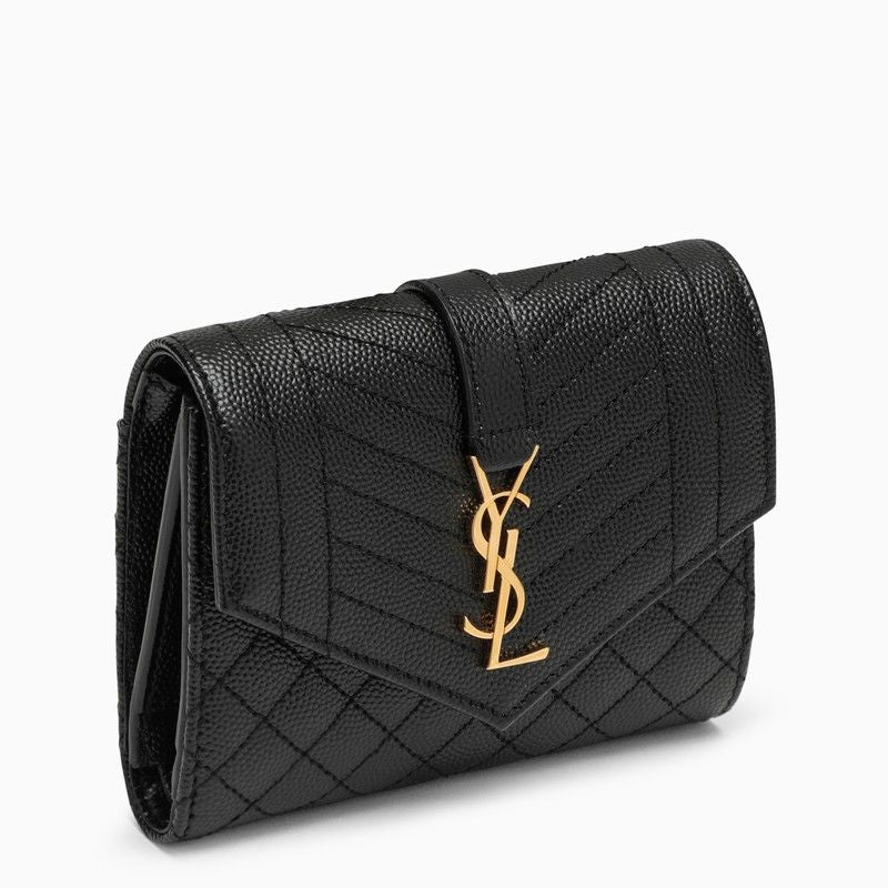 Luxury Saint Laurent Women's Leather Tri-Fold Envelope Wallet With Logo in Black | 651028BOW91