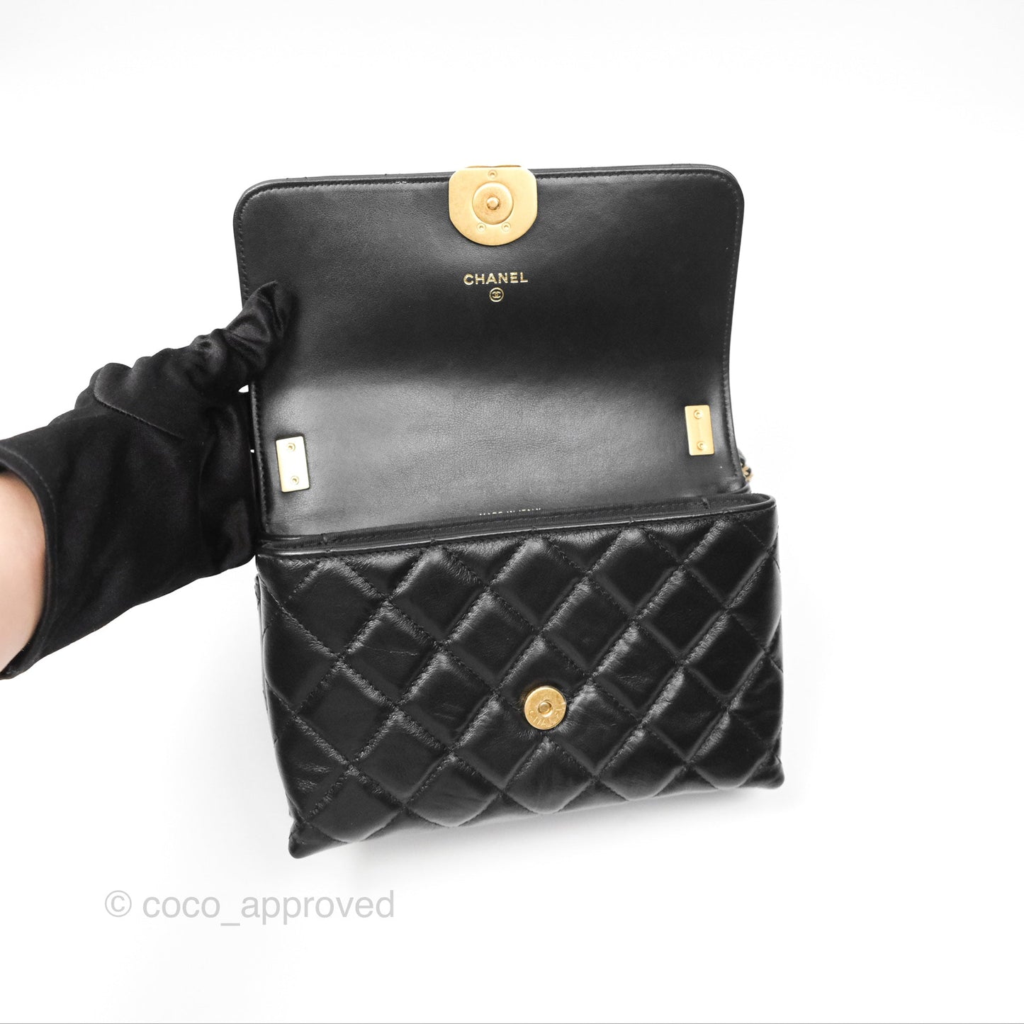 Chanel Mini Flap Bag Black Aged Calfskin Aged Gold Hardware 23K