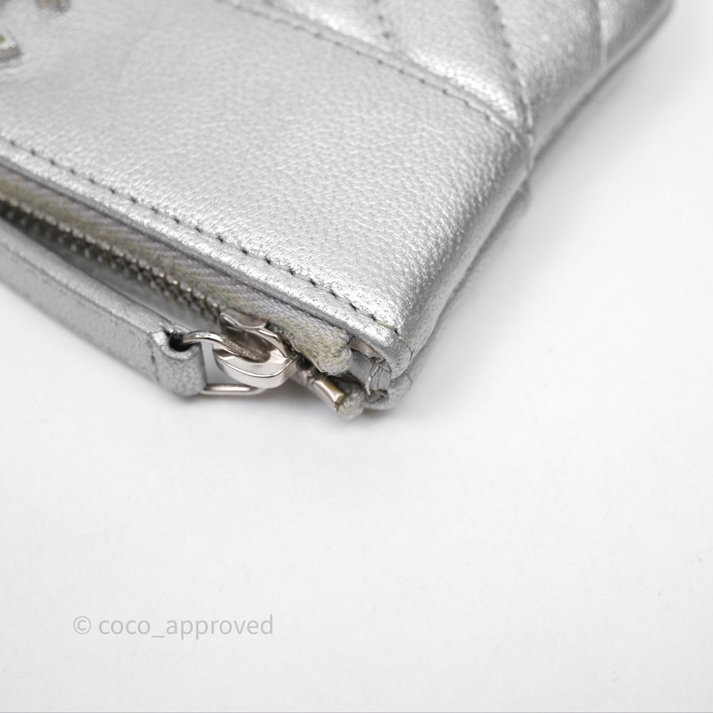 Chanel Mini Chevron Mademoiselle O Case Silver Goatskin Silver Hardware
