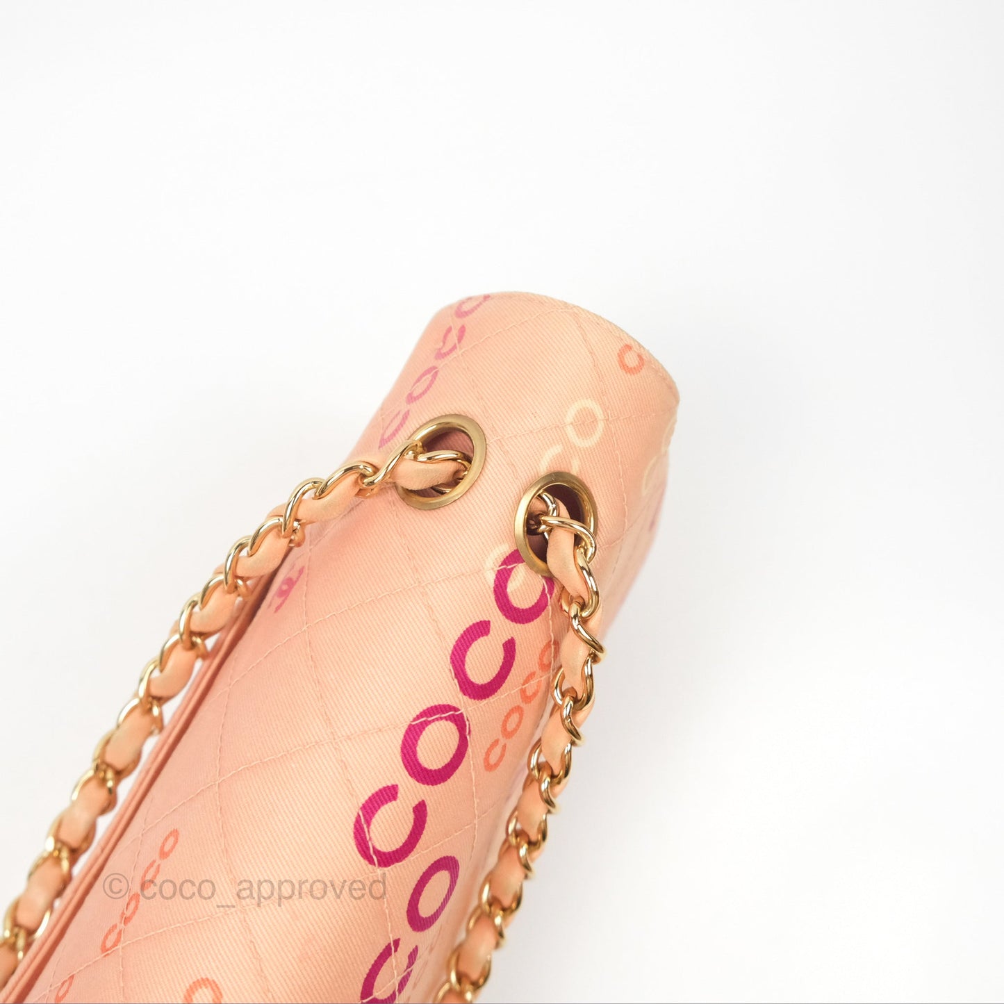 Chanel Coco Logo Medium Classic Flap Quilted Coral Pink Canvas Gold Hardware