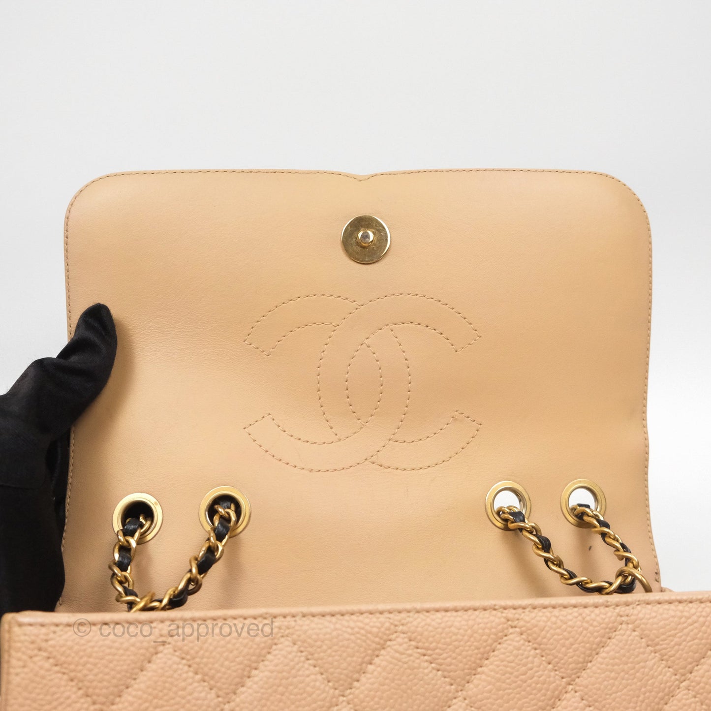 Chanel Small CC Filigree Flap Quilted Beige Black Caviar