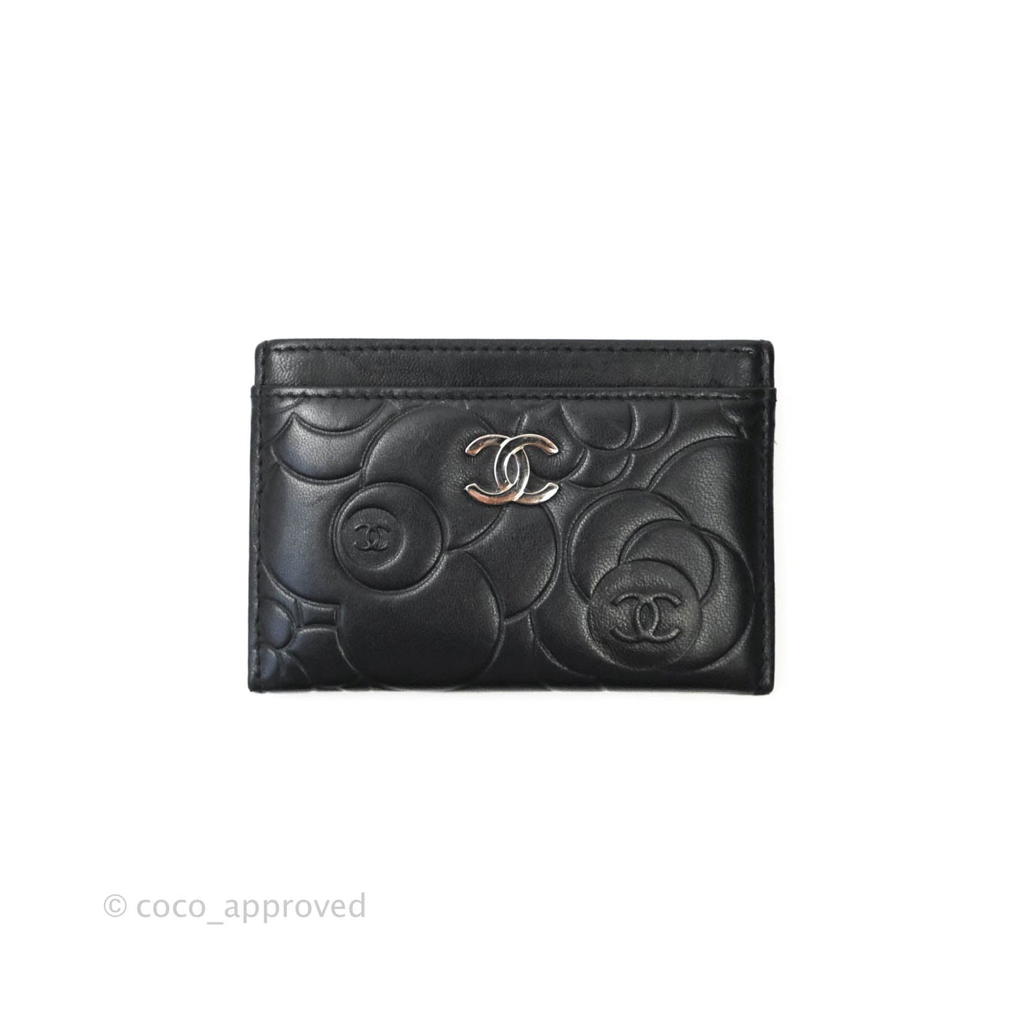 Chanel Classic Camellia Embossed Lambskin Card Holder Silver Hardware