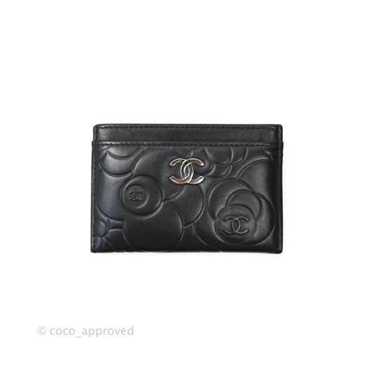 Chanel Classic Camellia Embossed Lambskin Card Holder Silver Hardware