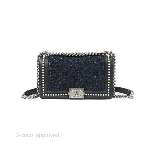 Chanel Medium Pearl Around Boy Black/Navy Tweed Gun Metal Hardware