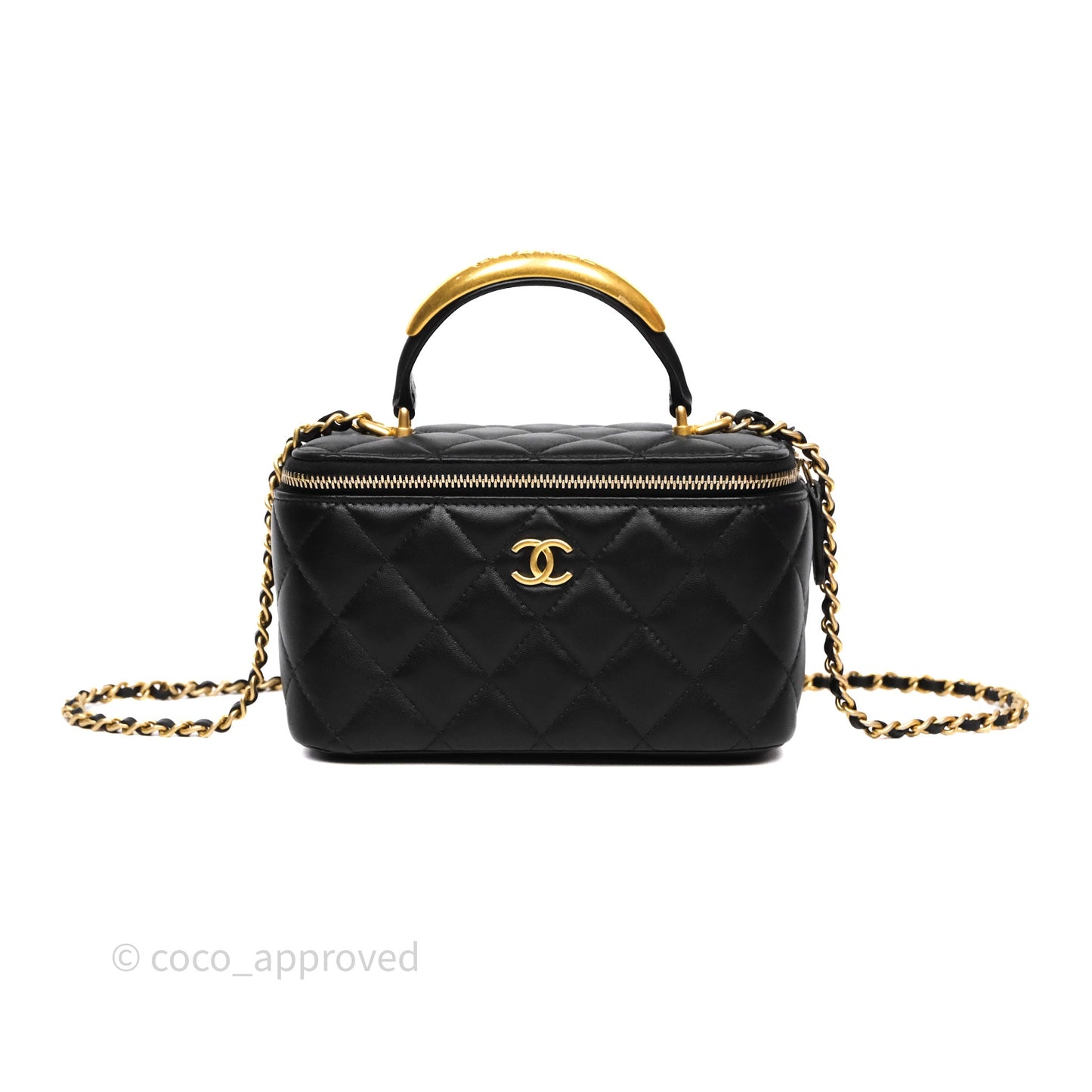 Chanel Vanity Rectangular Metal Top Handle Black Lambskin Aged Gold Hardware