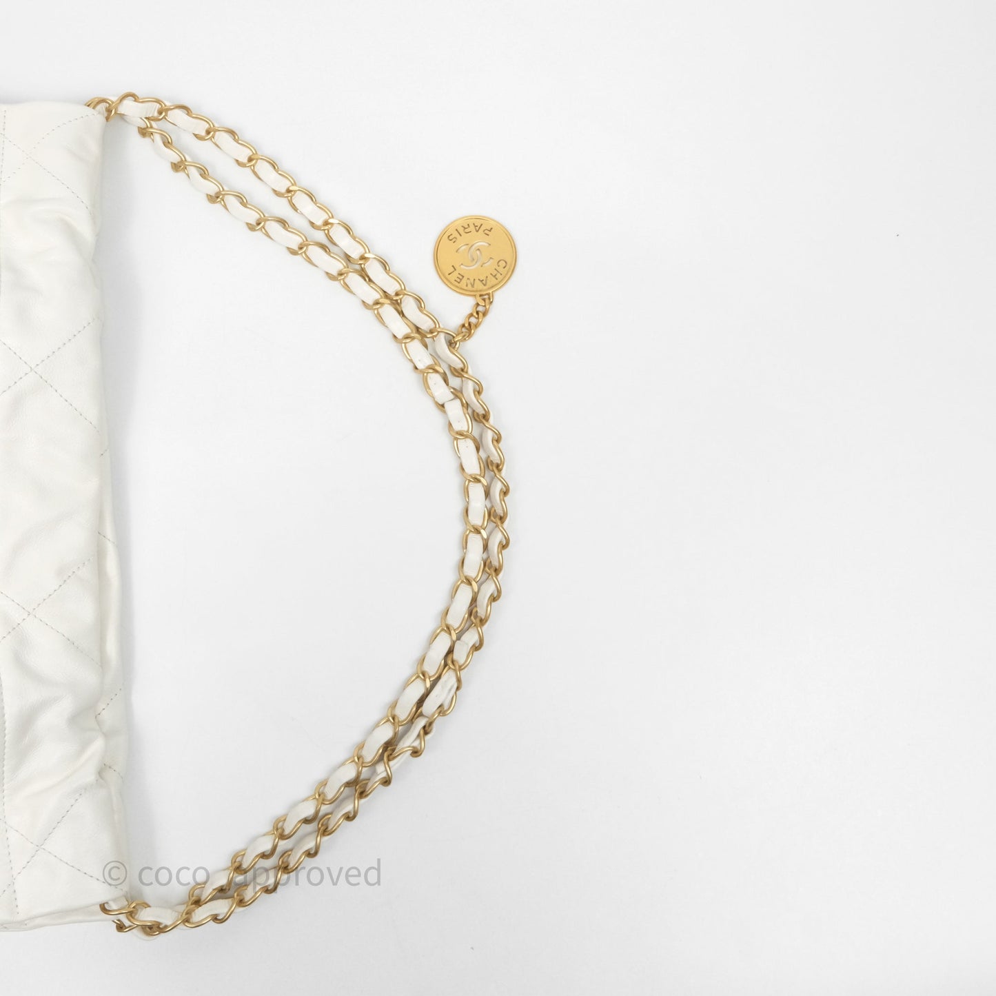 Chanel 22 Small White Aged Calfskin Black Logo Aged Gold Hardware