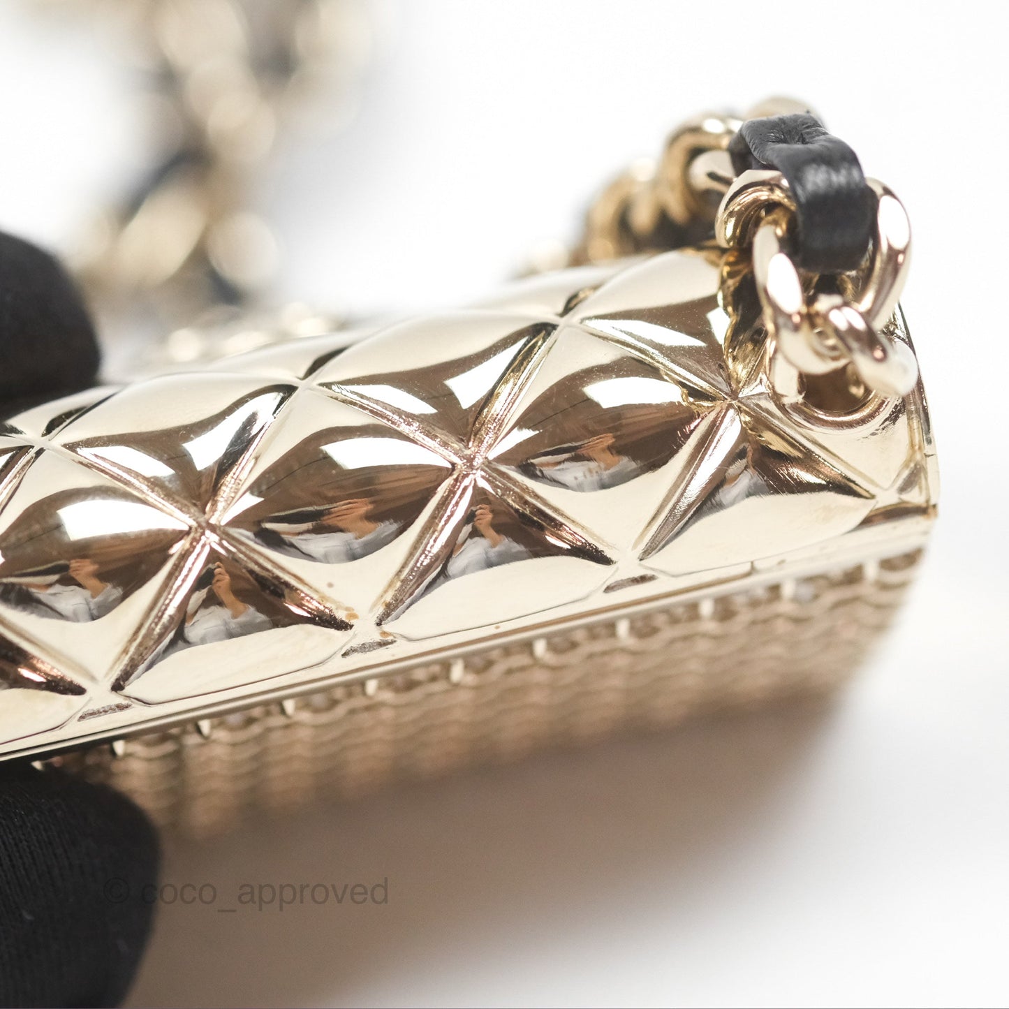 Chanel Flap Bag Charm Black Leather Chain Necklace Gold Tone 21S