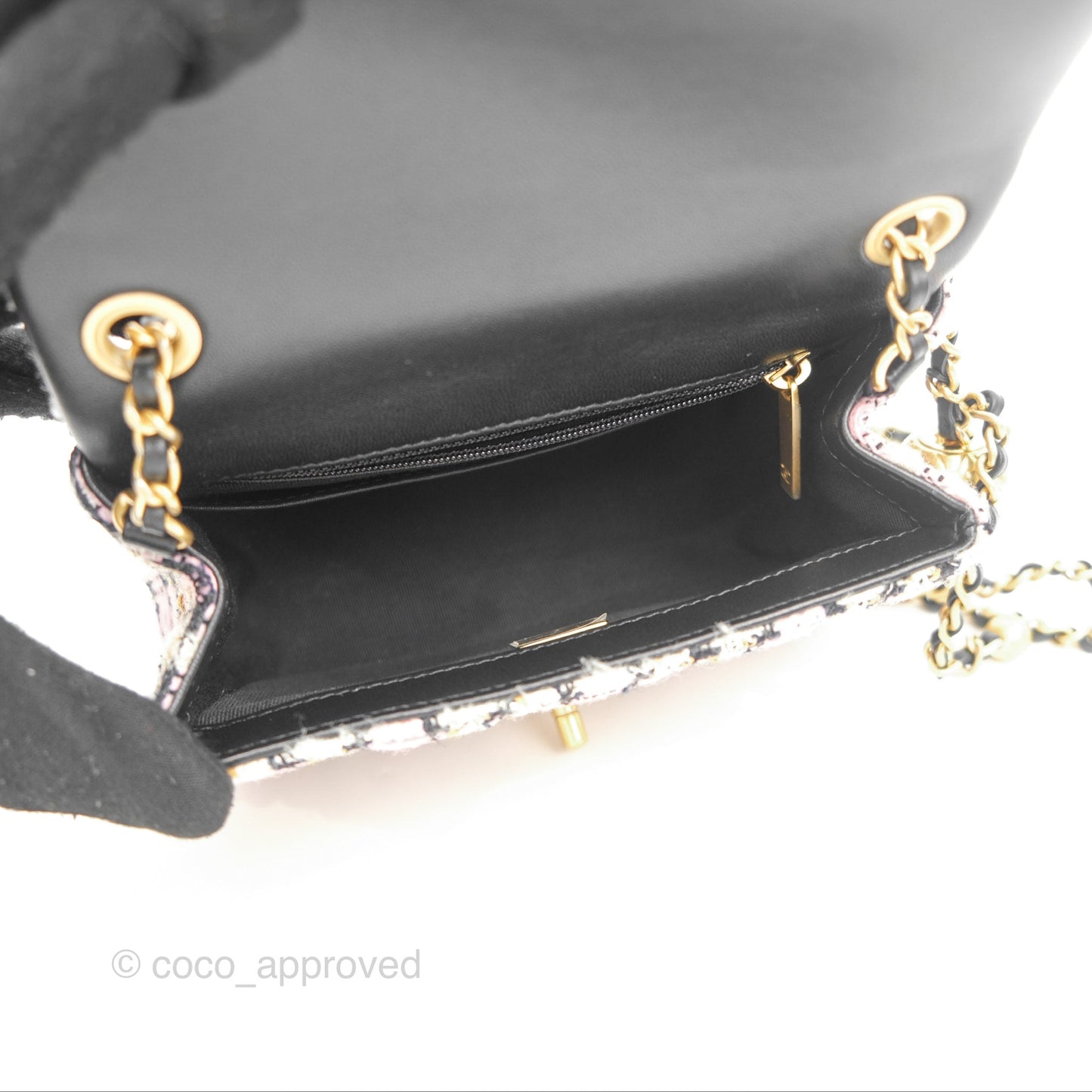 Chanel Pearl Crush Mini Square Quilted Pink Tweed Aged Gold Hardware