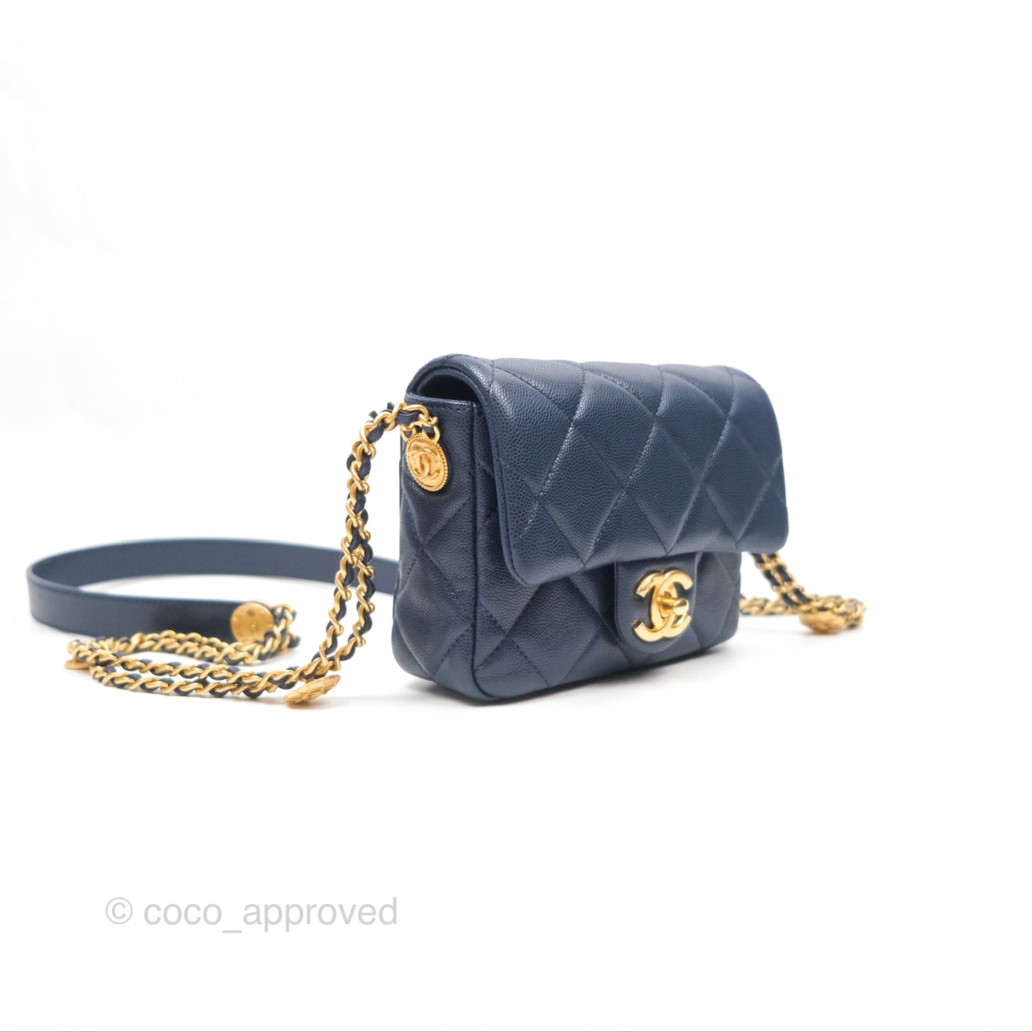 Chanel Mini Flap with Coin Charm Navy Caviar Aged Gold Hardware 22A