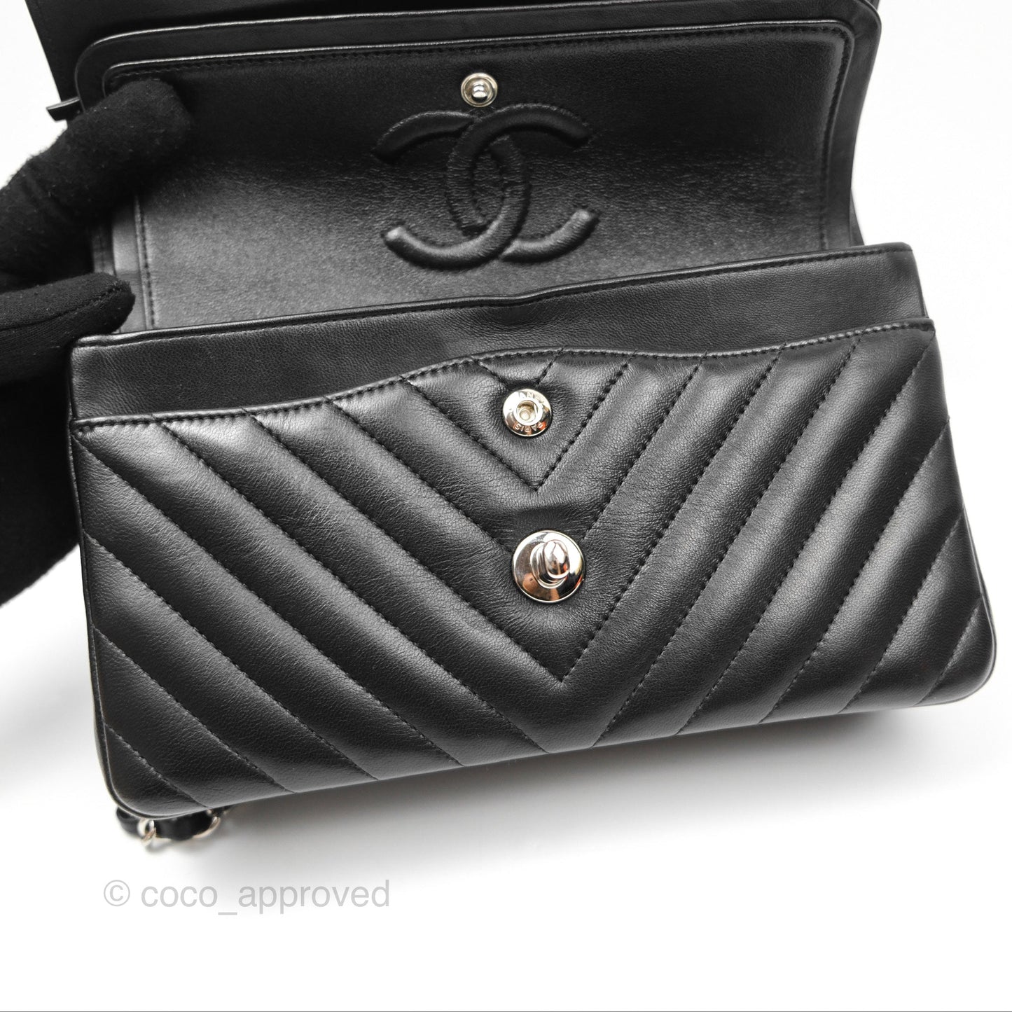 Chanel Small Classic Chevron Flap Black Lambskin Silver Hardware