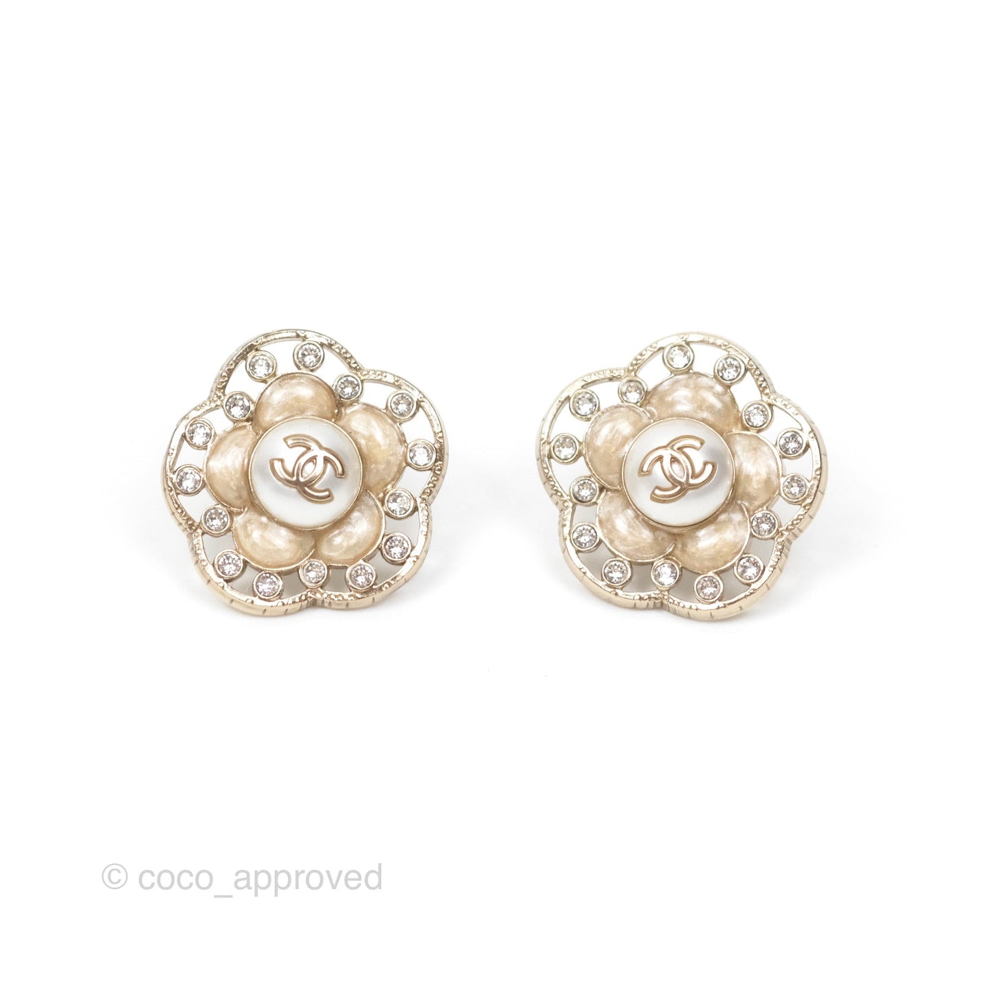 Chanel Crystal Pearl CC Flower Earrings Gold Tone 21B
