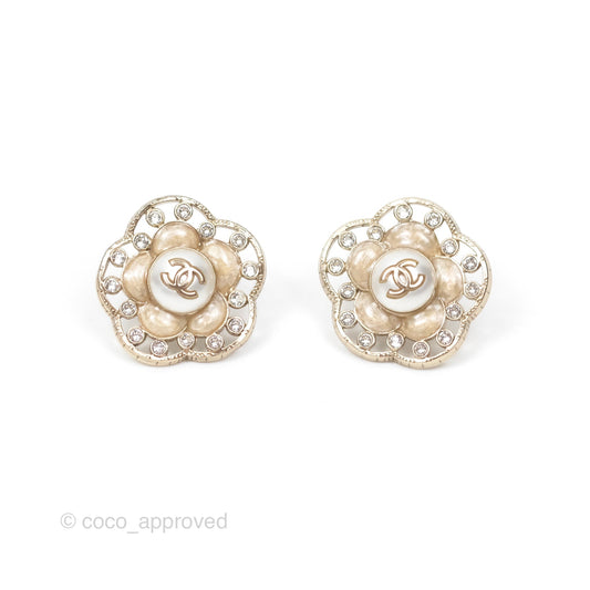 Chanel Crystal Pearl CC Flower Earrings Gold Tone 21B