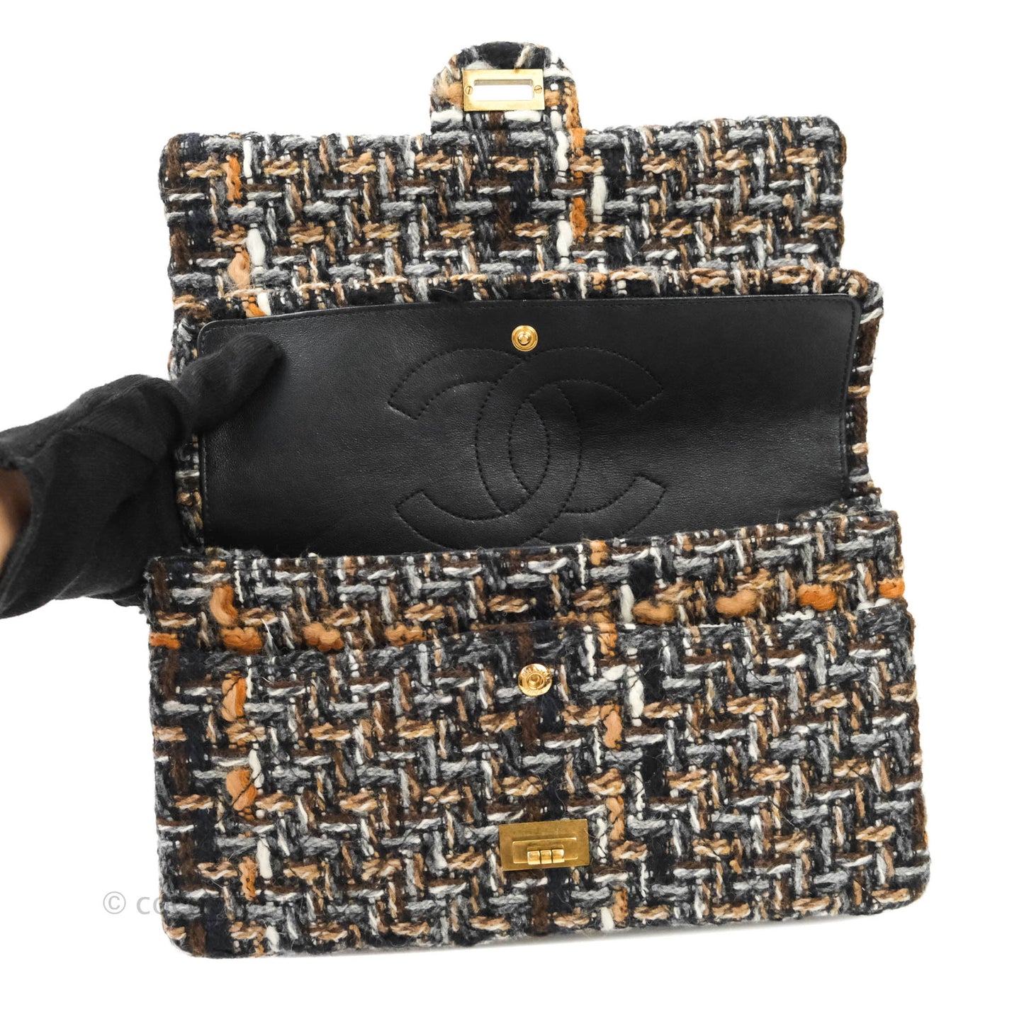 Chanel Quilted Reissue 226 Tweed Navy Brown Aged Gold Hardware