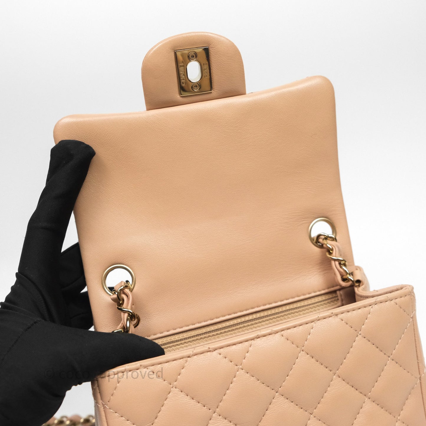 Chanel Mini Square Flap Quilted Beige Lambskin Gold Hardware