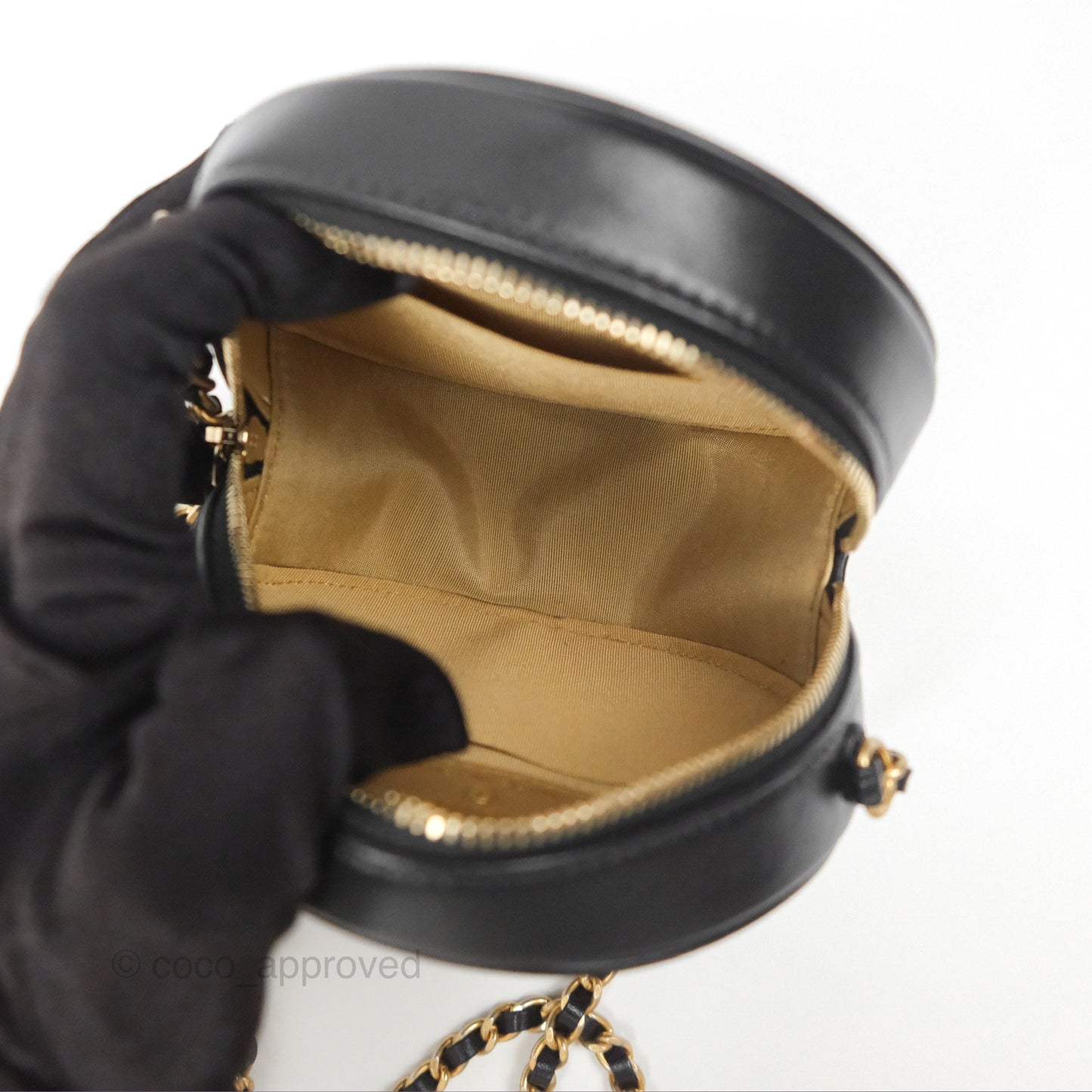 Chanel Studded CC Round Clutch With Chain Black Lambskin Gold Hardware
