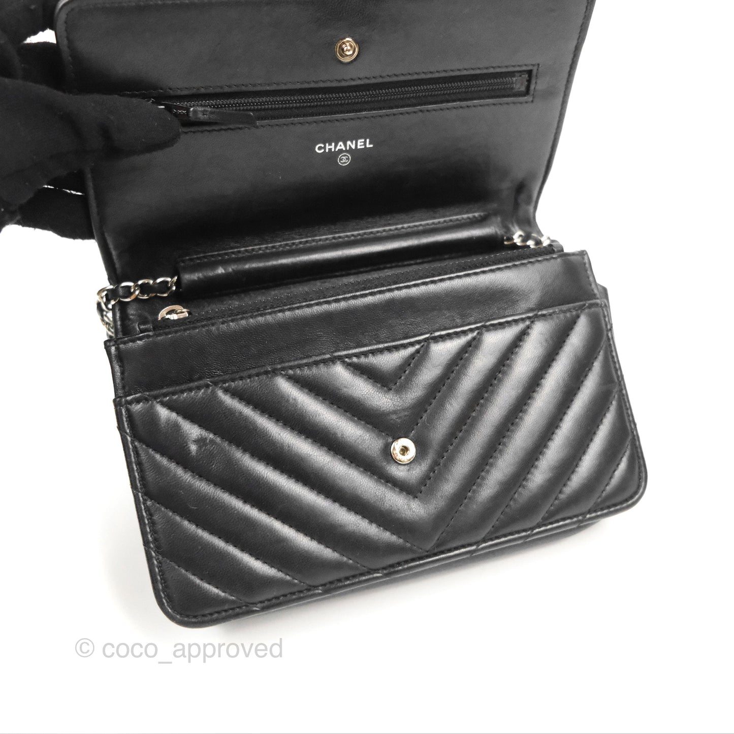 Chanel Classic Chevron Wallet on Chain WOC Black Lambskin Silver Hardware