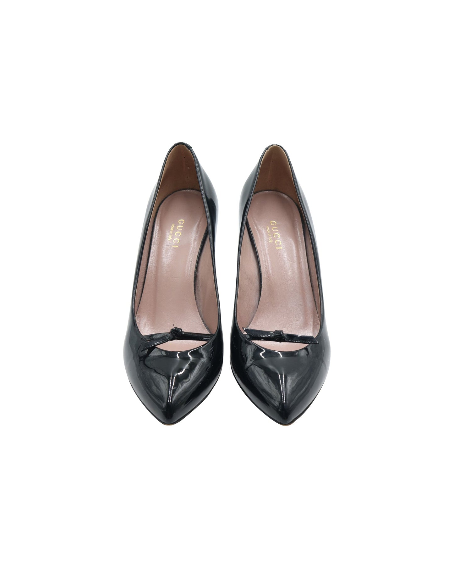 Luxury Gucci Trending 2025 Thin Ribbon Vamp Pointed High Heels in Black Patent Leather