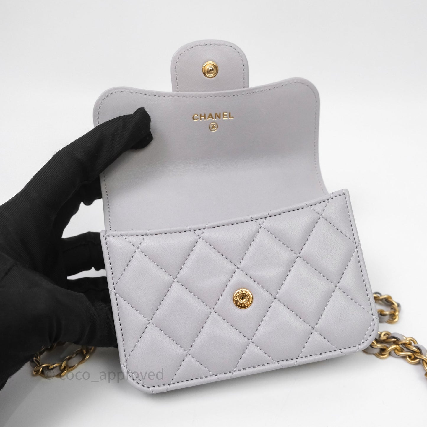 Chanel Mini Handle Flap Coin Purse With Chain Grey Lambskin Aged Gold Hardware