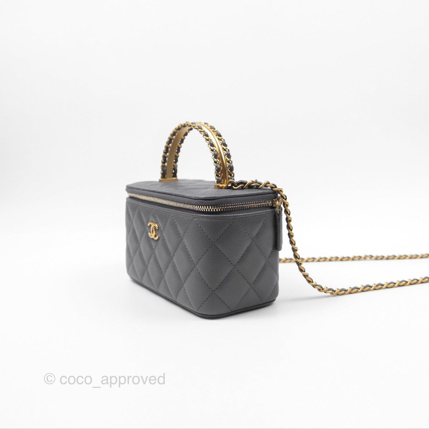 Chanel Vanity Rectangular with Top Handle Grey Caviar Aged Gold Hardware 24A