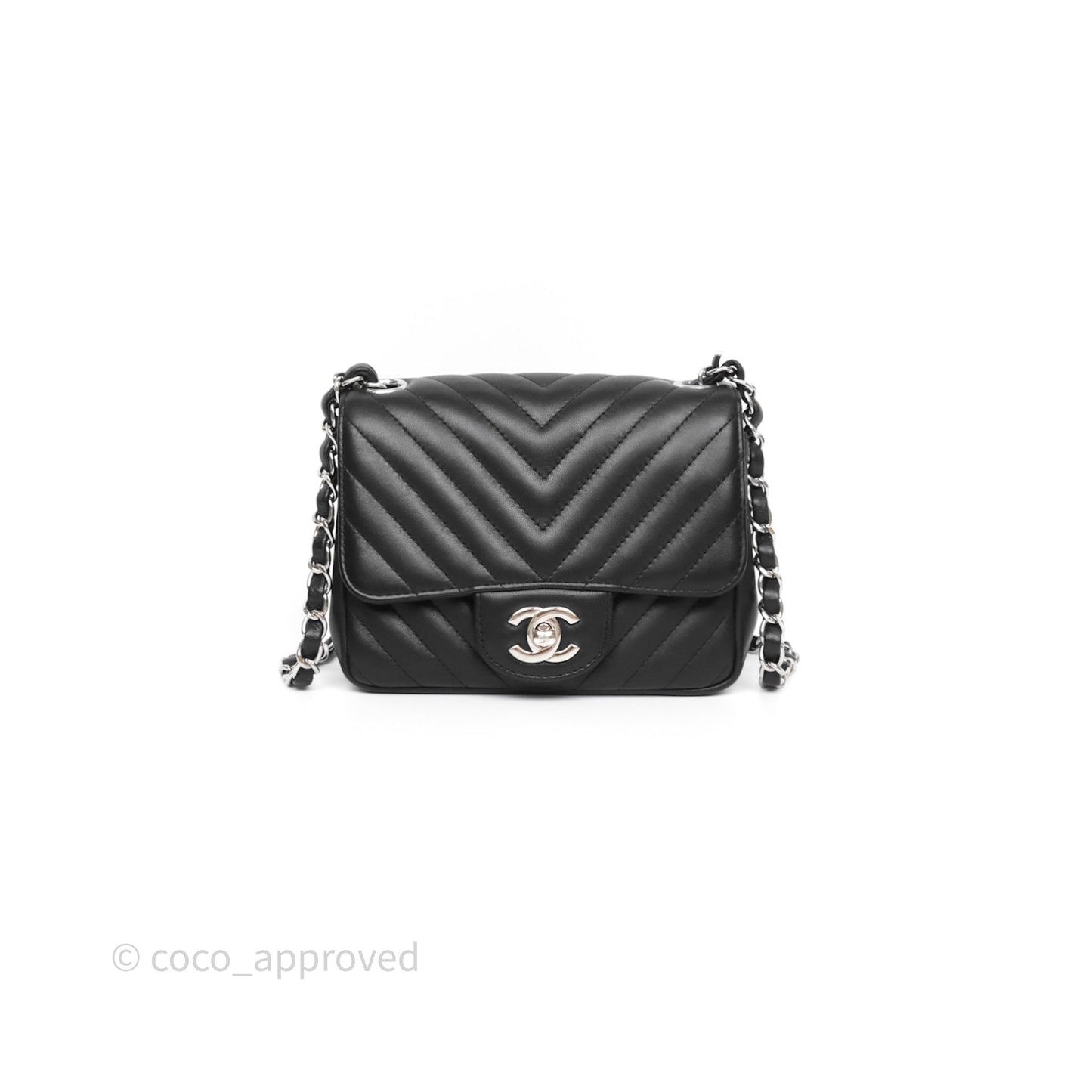 Chanel Mini Square Black Lambskin Chervon Bag Silver Hardware