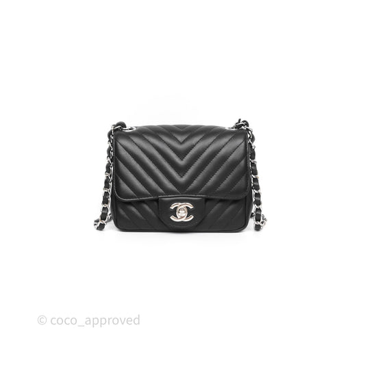 Chanel Mini Square Black Lambskin Chervon Bag Silver Hardware
