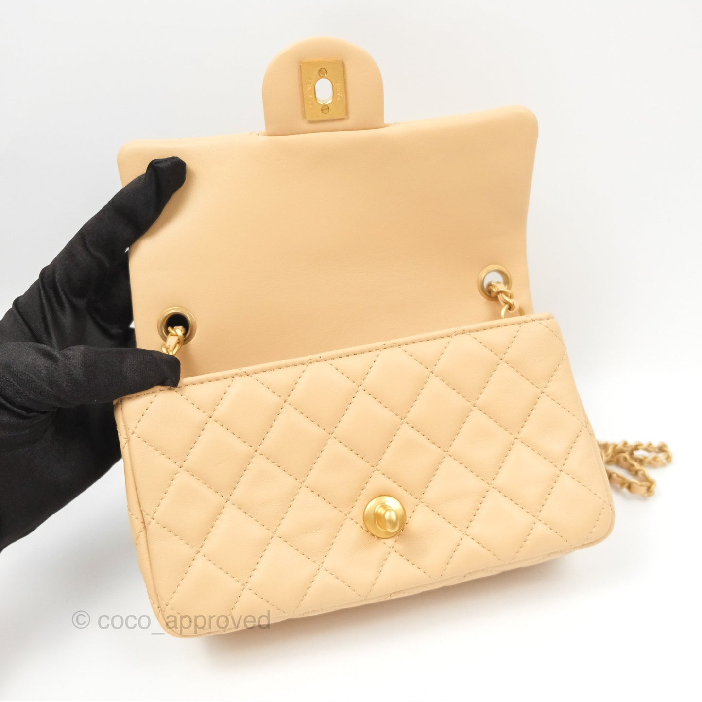 Chanel Pearl Crush Mini Rectangular Beige Lambskin Aged Gold Hardware