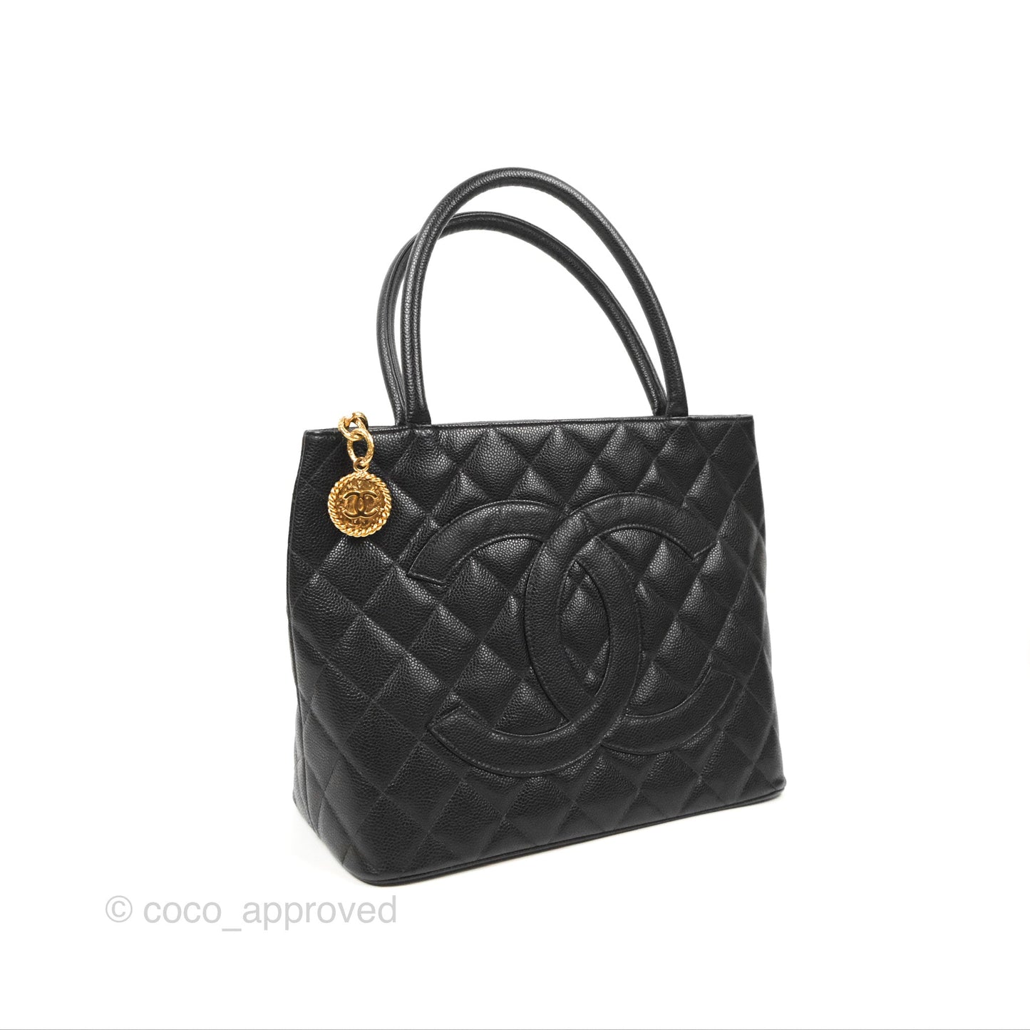 Chanel Vintage Medallion CC Black Caviar Tote Bag Gold Hardware