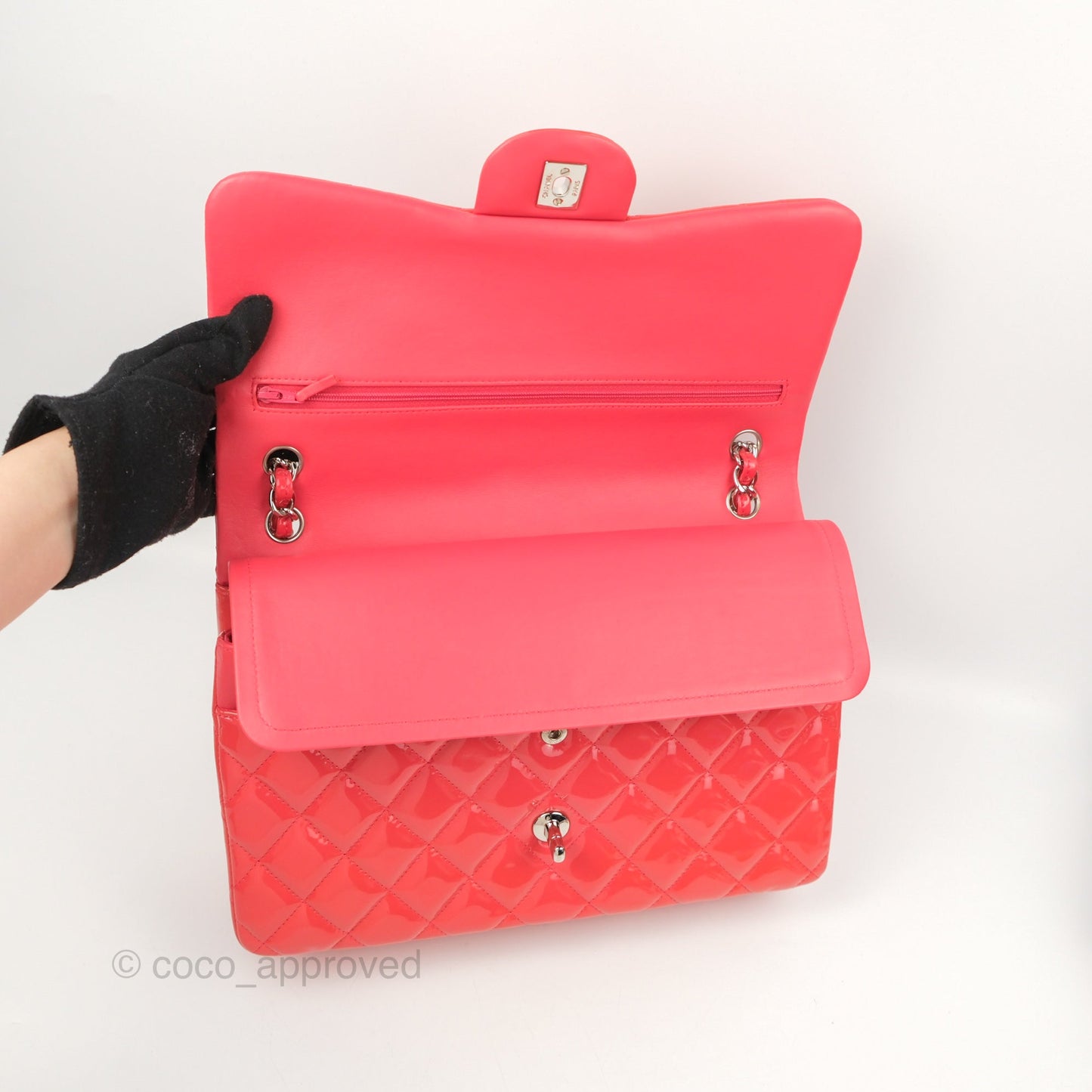 Chanel Jumbo Double Flap Coral Pink Patent Silver Hardware⁣⁣