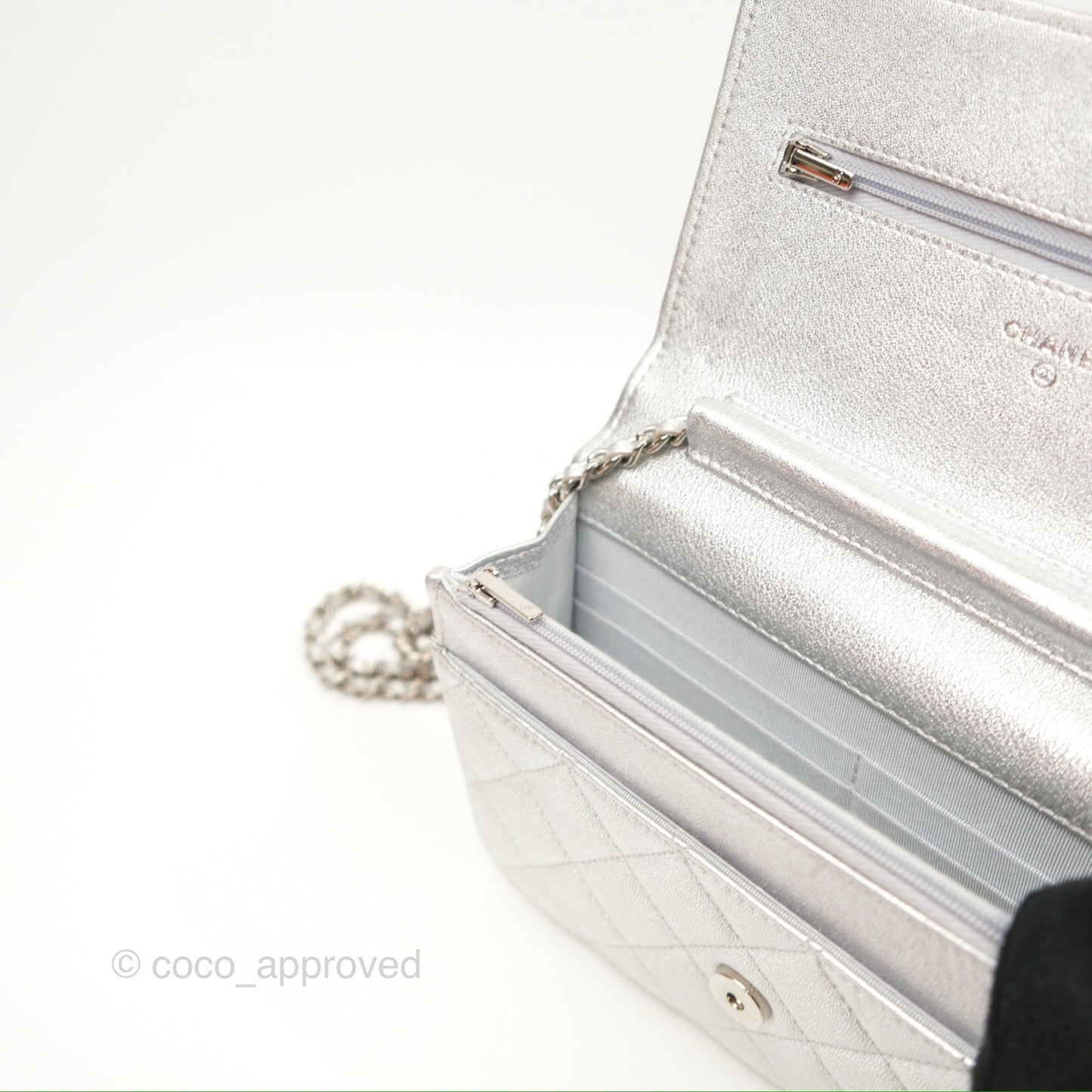 Chanel Quilted Wallet on Chain WOC Iridescent Silver Grained Lambskin Silver Hardware