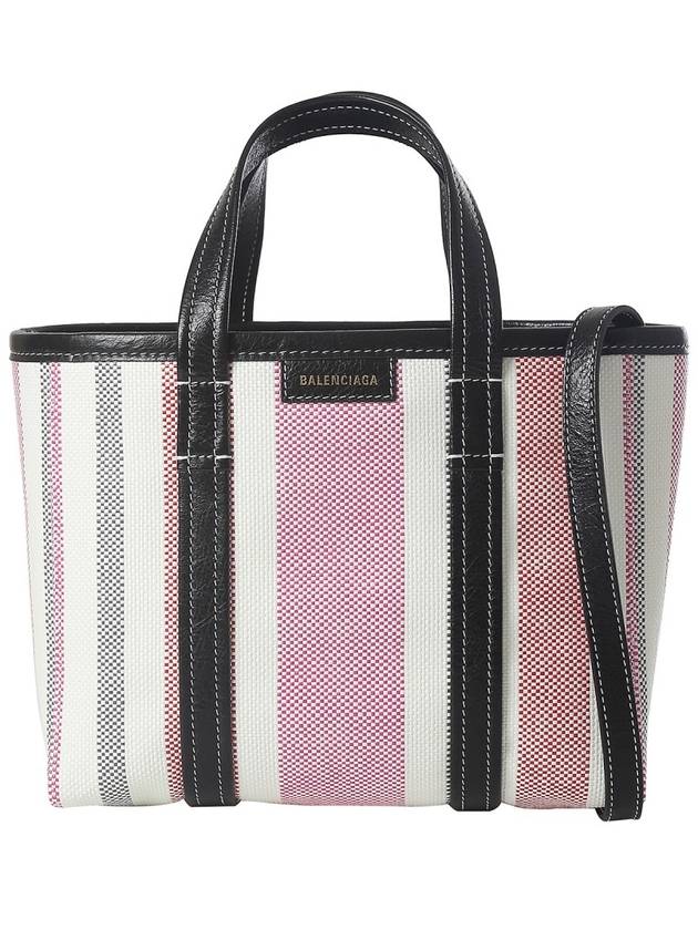Luxury Balenciaga Barbes East West Raffia Striped Shopper Tote Bag Pink