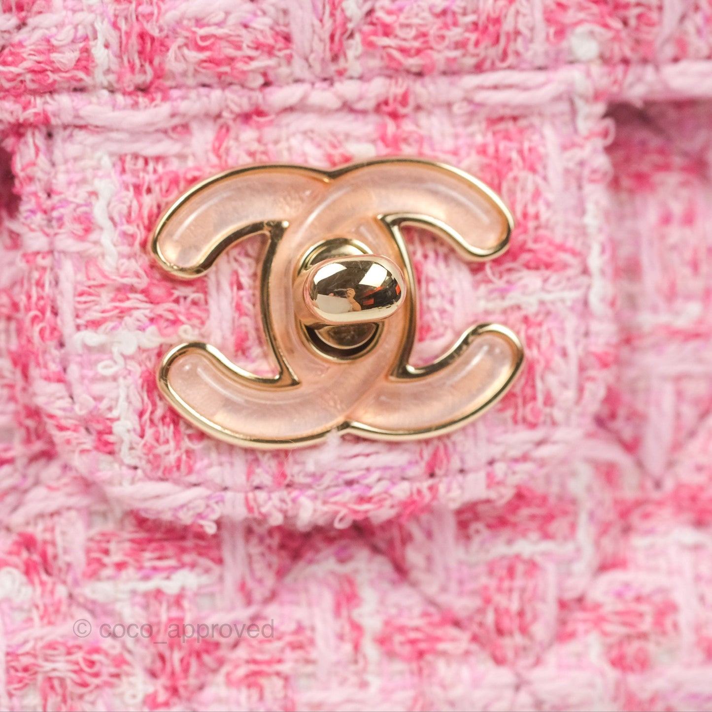 Chanel Flap Bag with Heart Resin Charm Chain Pink Tweed Gold Hardware